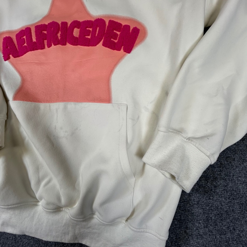Aelfric Eden Mens XL White Pink Star Chenille Embroidery Hoodie Streetwear XL - Picture 3 of 8